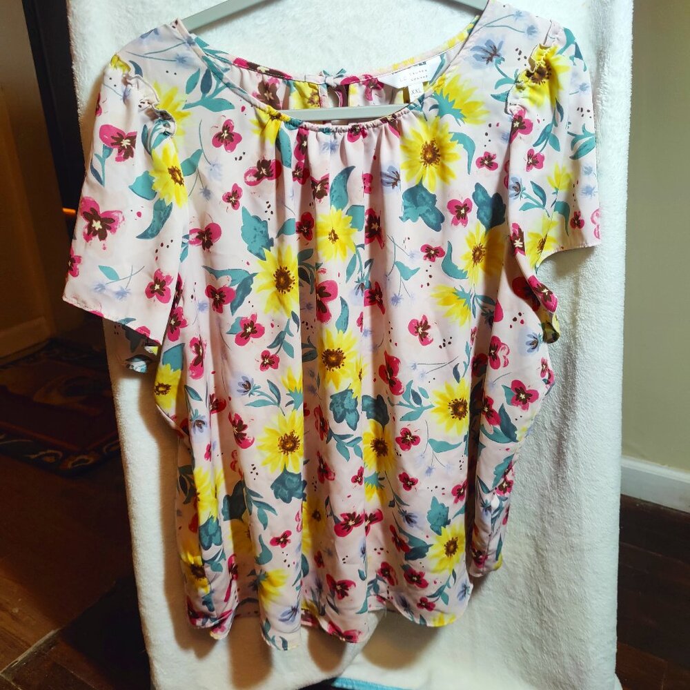 Lauren  Conrad Pink Floral Top with Ruffels